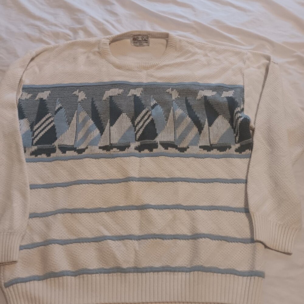 vintage white + baby blue knit sweater